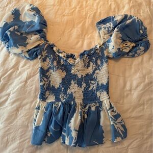 Yumi Kim Blue and White Floral Smocked Top